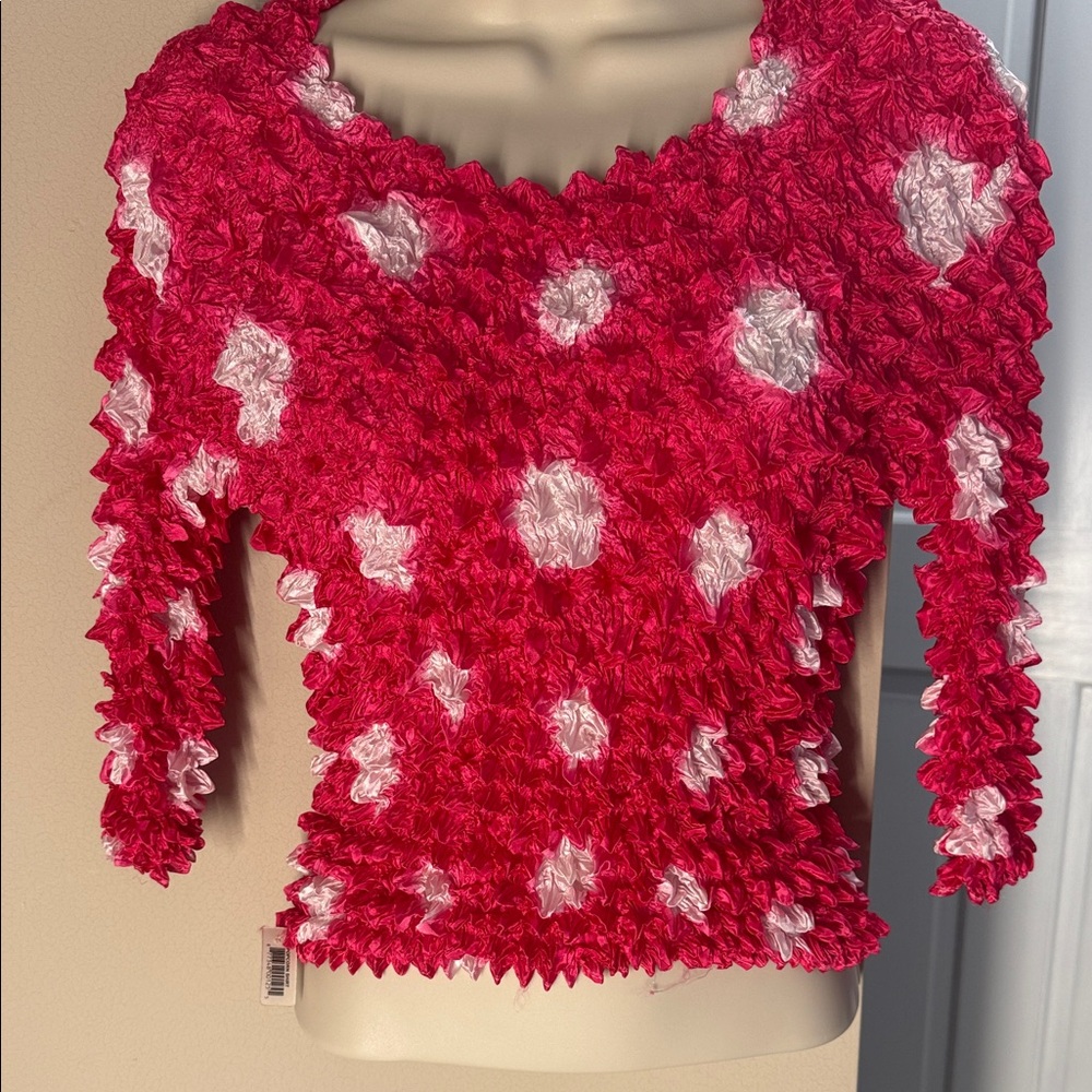 Pink and white polka dot popcorn shirt